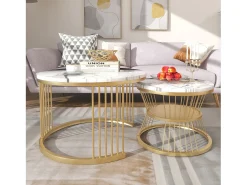 Mesa De Centro| Conjunto de 2 mesas de centro redondas - mármore brilhante e metal, design moderno para sala de estar, escritório e varanda Branco
