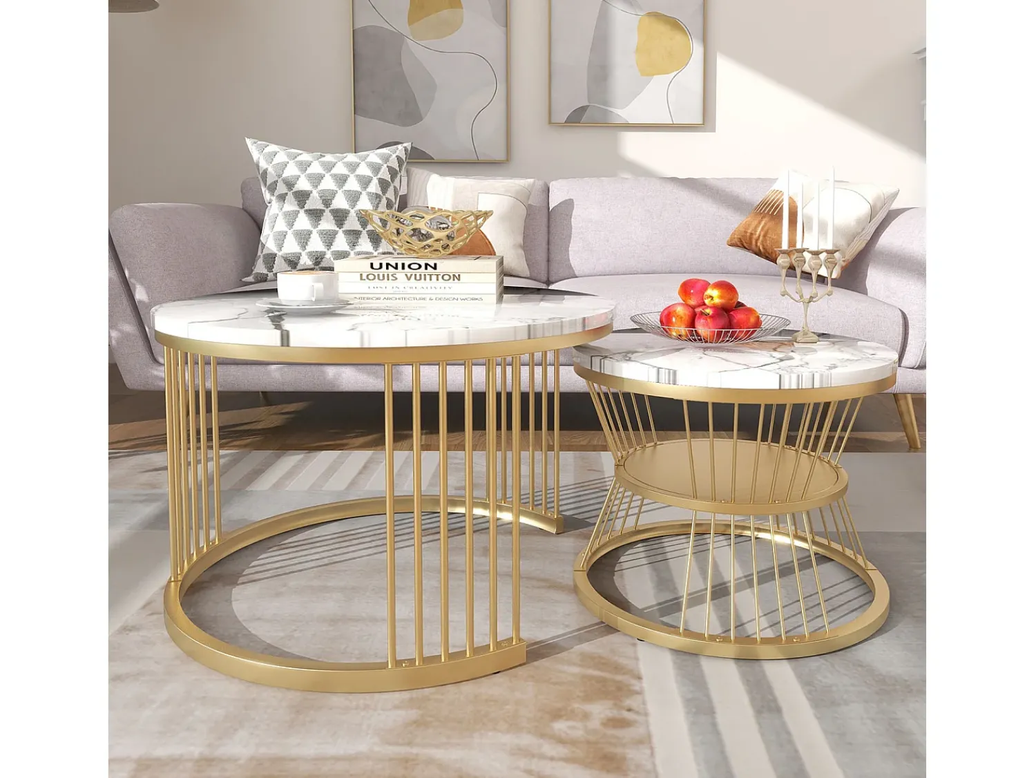 Mesa De Centro| Conjunto de 2 mesas de centro redondas - mármore brilhante e metal, design moderno para sala de estar, escritório e varanda Branco