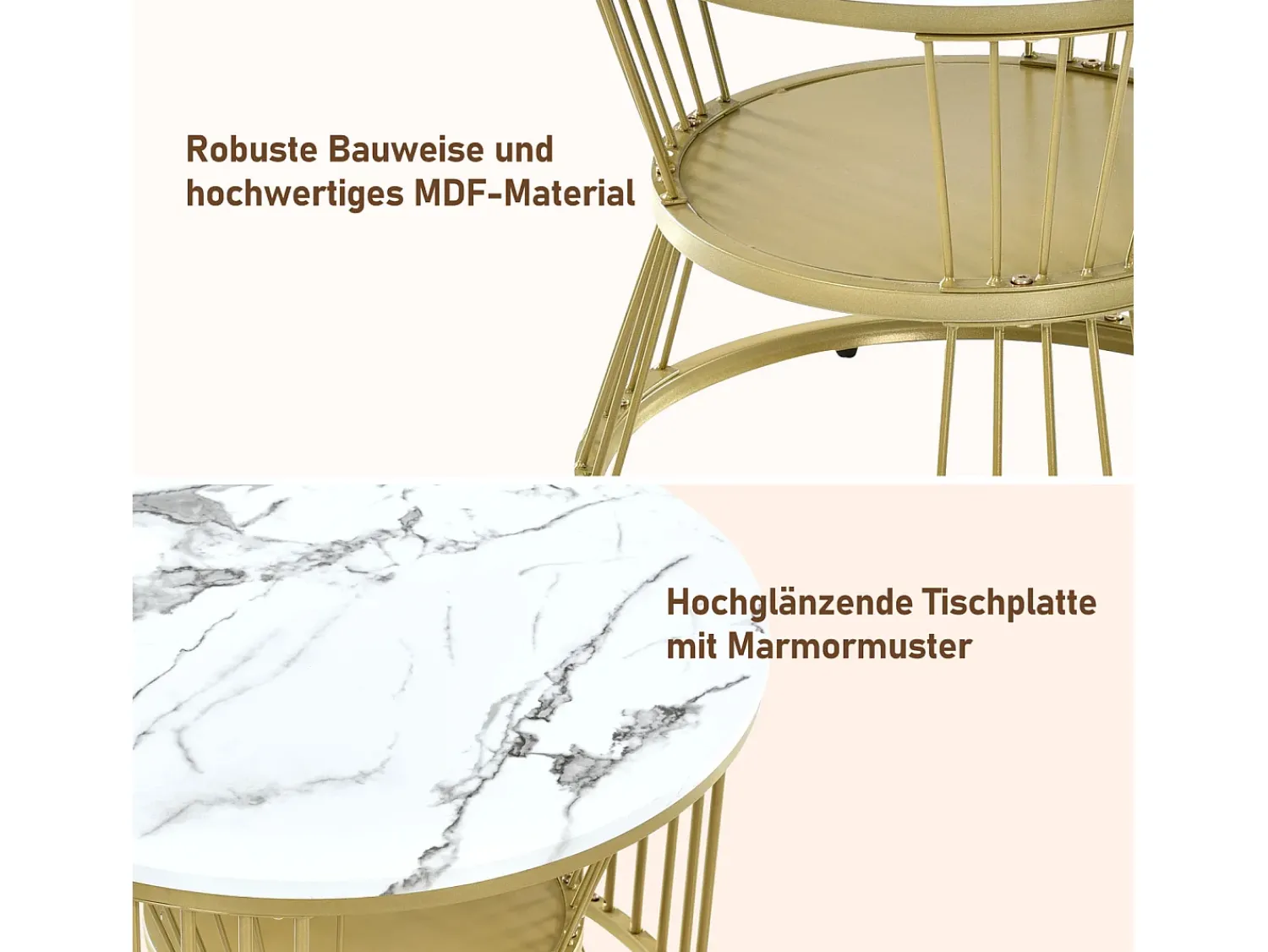 Mesa De Centro| Conjunto de 2 mesas de centro redondas - mármore brilhante e metal, design moderno para sala de estar, escritório e varanda Branco