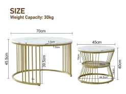 Mesa De Centro| Conjunto de 2 mesas de centro redondas - mármore brilhante e metal, design moderno para sala de estar, escritório e varanda Branco