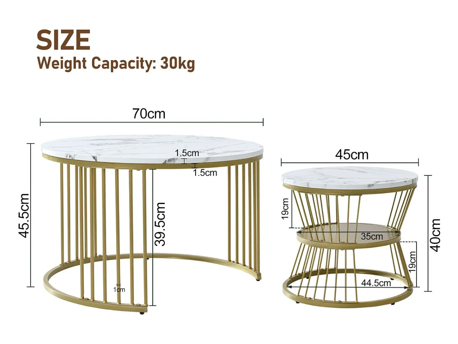 Mesa De Centro| Conjunto de 2 mesas de centro redondas - mármore brilhante e metal, design moderno para sala de estar, escritório e varanda Branco