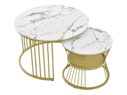 Mesa De Centro| Conjunto de 2 mesas de centro redondas - mármore brilhante e metal, design moderno para sala de estar, escritório e varanda Branco