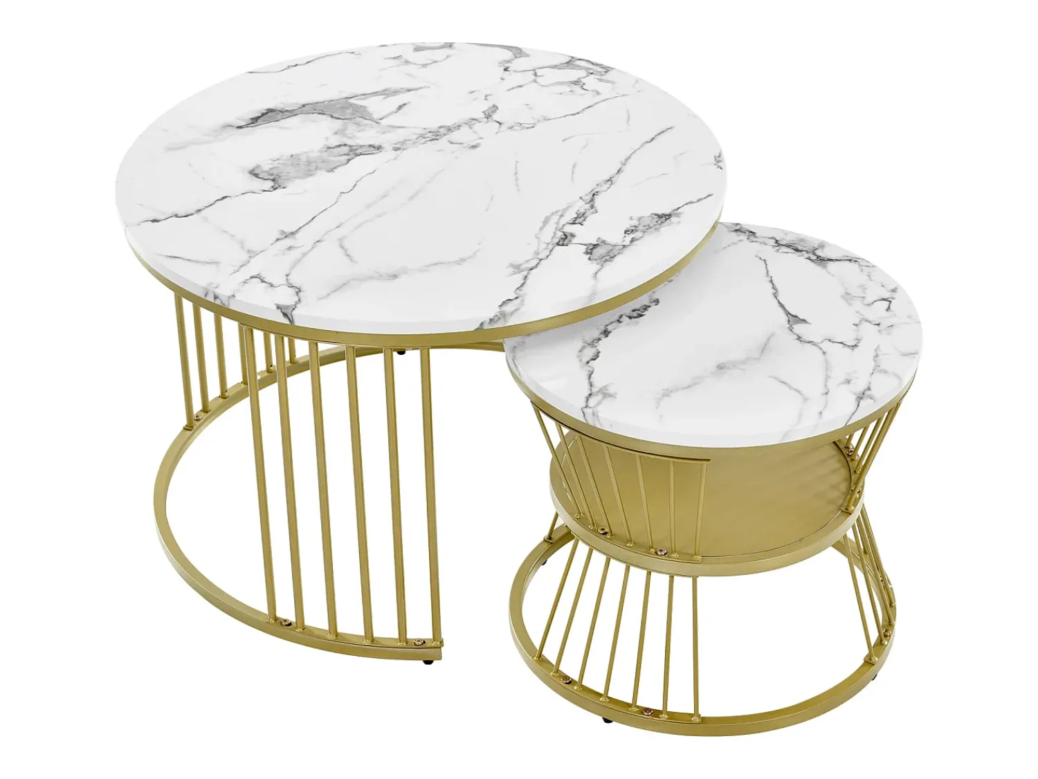 Mesa De Centro| Conjunto de 2 mesas de centro redondas - mármore brilhante e metal, design moderno para sala de estar, escritório e varanda Branco