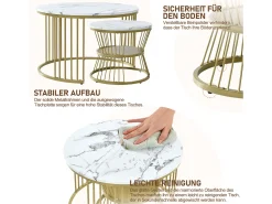 Mesa De Centro| Conjunto de 2 mesas de centro redondas - mármore brilhante e metal, design moderno para sala de estar, escritório e varanda Branco