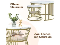 Mesa De Centro| Conjunto de 2 mesas de centro redondas - mármore brilhante e metal, design moderno para sala de estar, escritório e varanda Branco