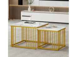 Mesa De Centro|Merax Conjunto de 2 mesas de centro quadradas com efeito mármore brilhante - 60 x 60 x 45 cm + 45 x 45 x 40 cm - MDF - Brancas Branco