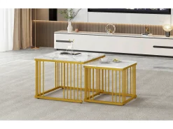 Mesa De Centro|Merax Conjunto de 2 mesas de centro quadradas com efeito mármore brilhante - 60 x 60 x 45 cm + 45 x 45 x 40 cm - MDF - Brancas Branco