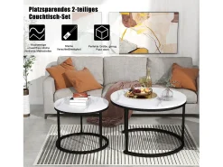 Mesa De Centro|Merax Conjunto de 2 mesas de centro encastráveis, mesa lateral redonda em MDF, folheado marmorizado, Branco