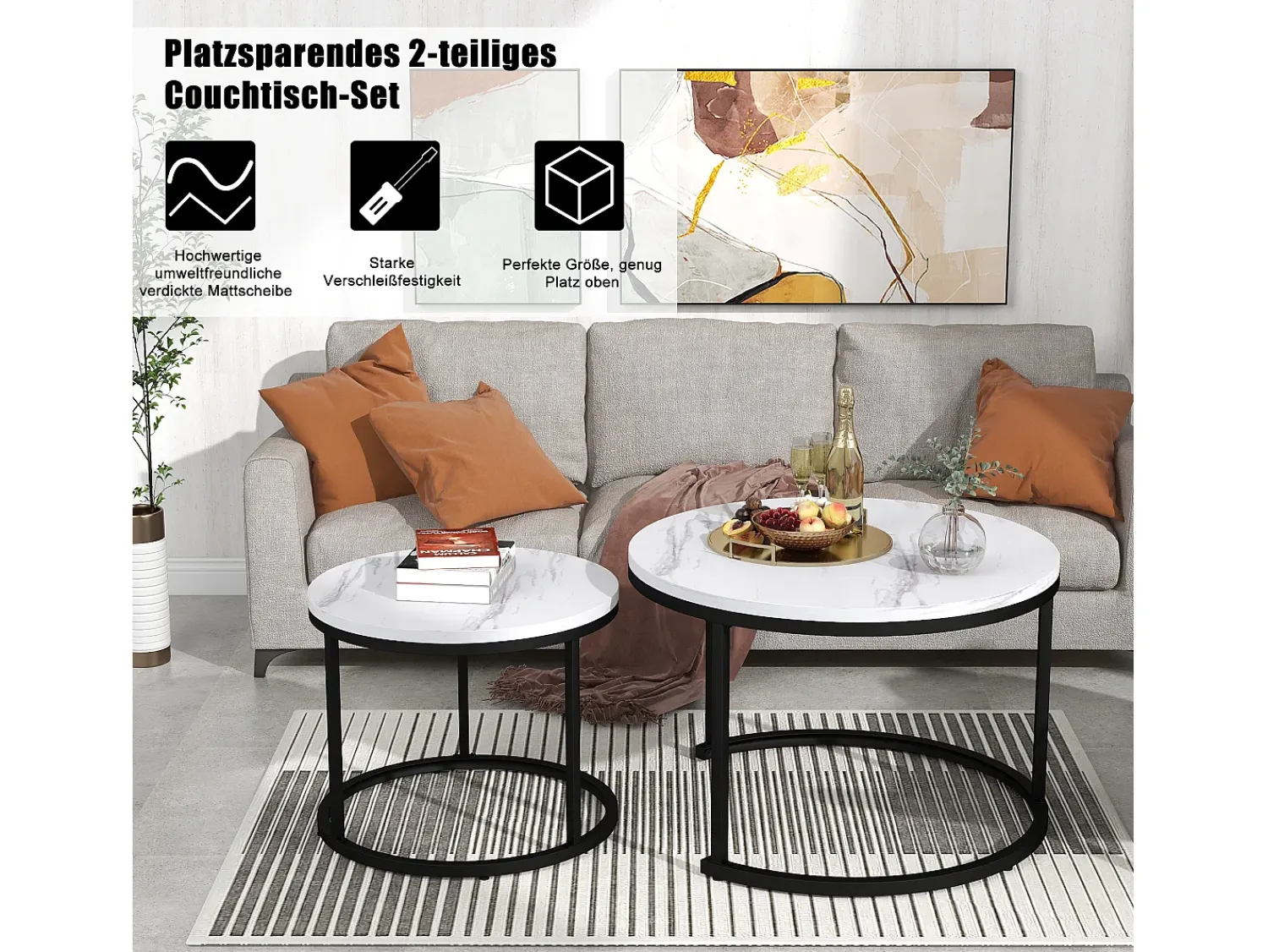 Mesa De Centro|Merax Conjunto de 2 mesas de centro encastráveis, mesa lateral redonda em MDF, folheado marmorizado, Branco