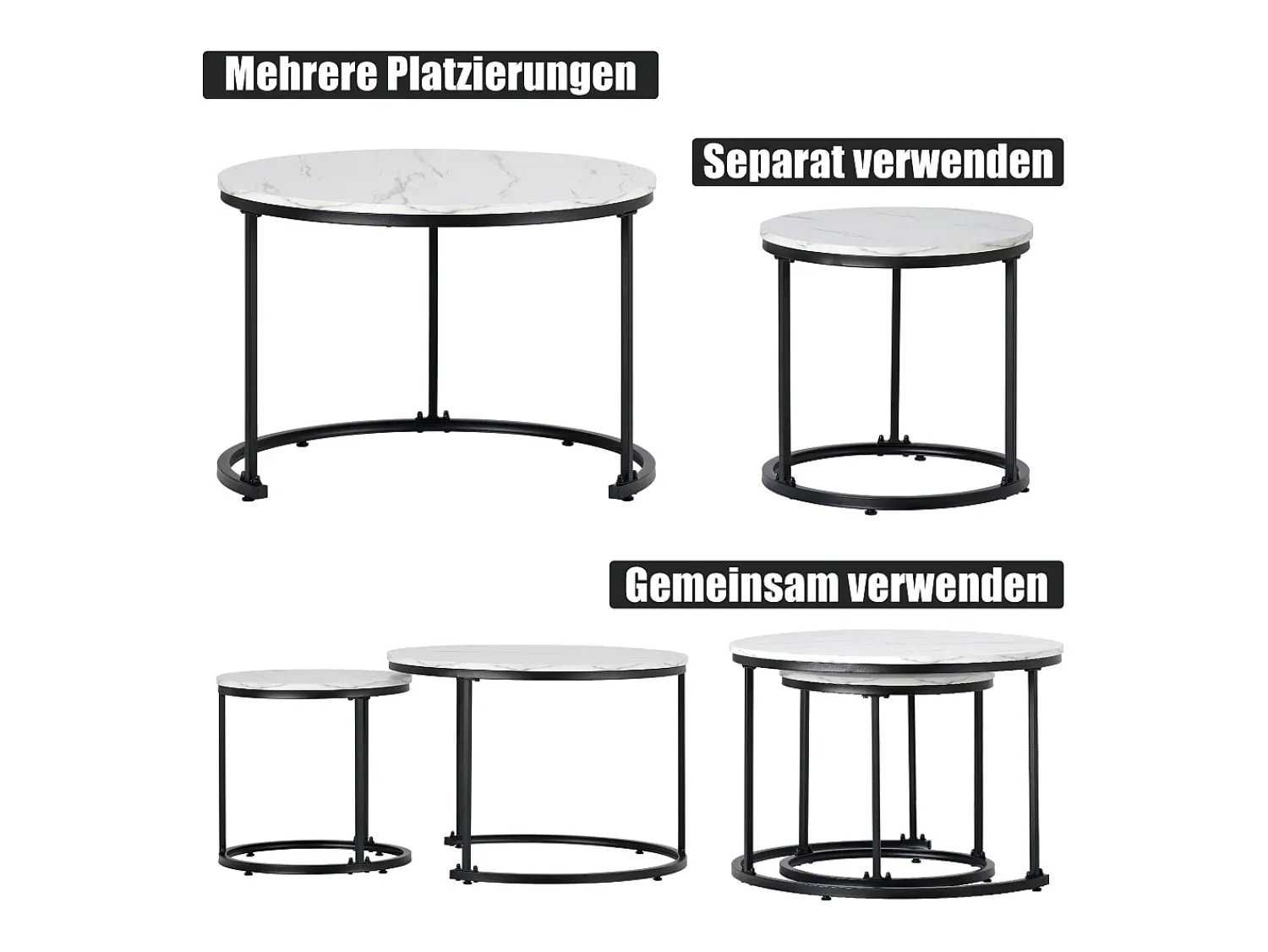 Mesa De Centro|Merax Conjunto de 2 mesas de centro encastráveis, mesa lateral redonda em MDF, folheado marmorizado, Branco