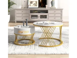 Mesa De Centro*Hauss Spole Conjunto de 2 mesas de centro redondas encaixáveis ​​em folheado de mármore com gaveta e prateleira inferior, estrutura de metal dourado Branco