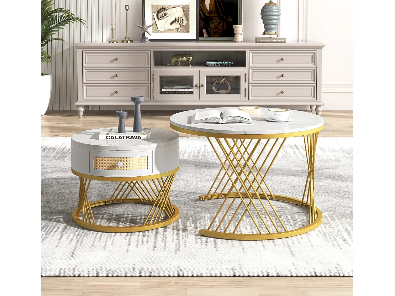 Mesa De Centro*Hauss Spole Conjunto de 2 mesas de centro redondas encaixáveis em folheado de mármore com gaveta e prateleira inferior, estrutura de metal dourado Branco