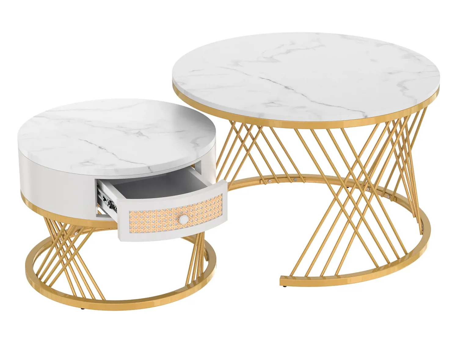 Mesa De Centro*Hauss Spole Conjunto de 2 mesas de centro redondas encaixáveis em folheado de mármore com gaveta e prateleira inferior, estrutura de metal dourado Branco