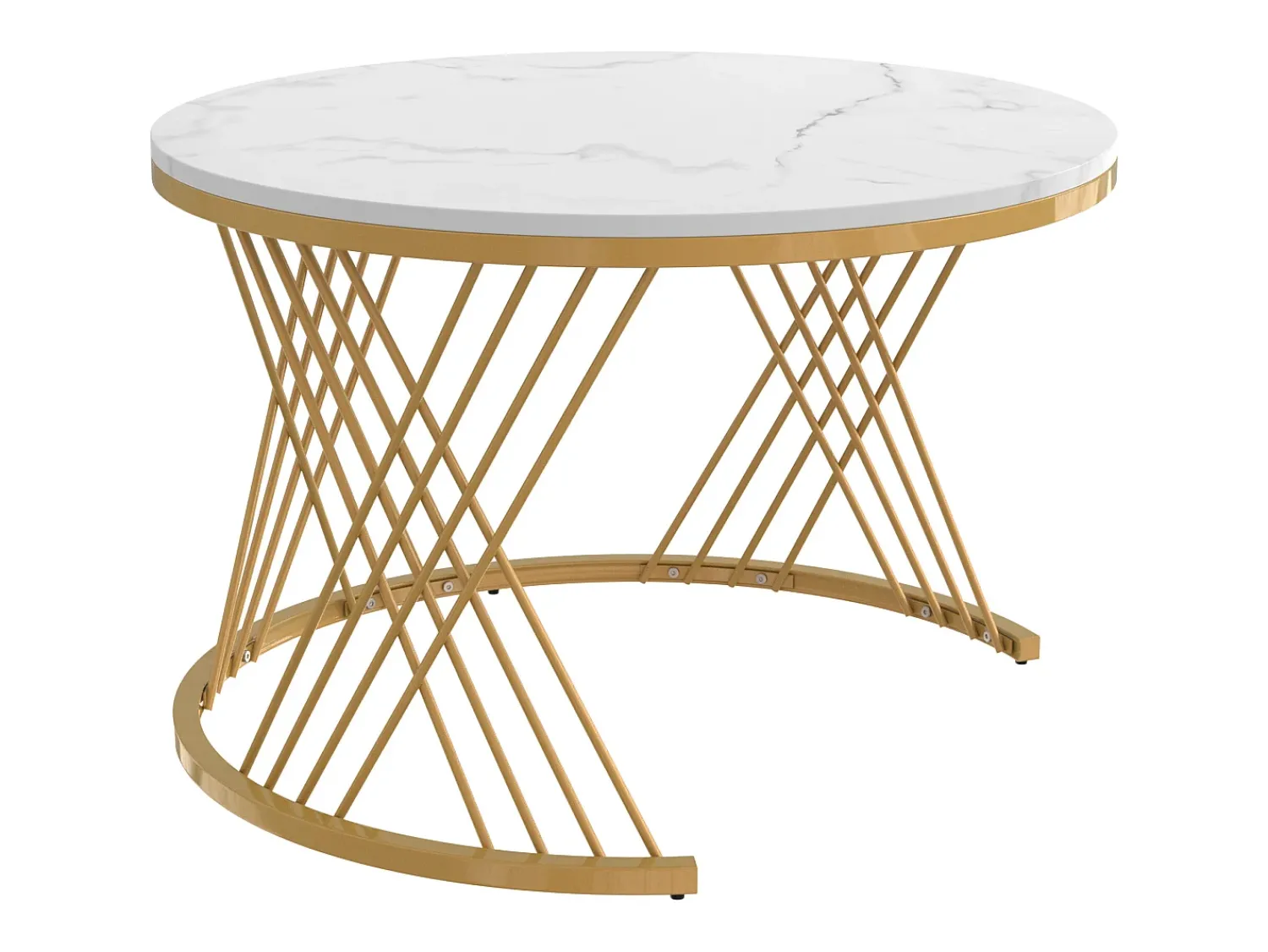 Mesa De Centro*Hauss Spole Conjunto de 2 mesas de centro redondas encaixáveis em folheado de mármore com gaveta e prateleira inferior, estrutura de metal dourado Branco