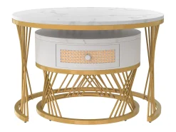 Mesa De Centro*Hauss Spole Conjunto de 2 mesas de centro redondas encaixáveis em folheado de mármore com gaveta e prateleira inferior, estrutura de metal dourado Branco