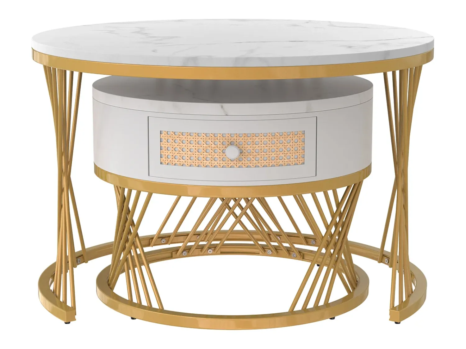Mesa De Centro*Hauss Spole Conjunto de 2 mesas de centro redondas encaixáveis em folheado de mármore com gaveta e prateleira inferior, estrutura de metal dourado Branco