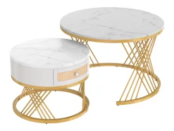 Mesa De Centro*Hauss Spole Conjunto de 2 mesas de centro redondas encaixáveis em folheado de mármore com gaveta e prateleira inferior, estrutura de metal dourado Branco
