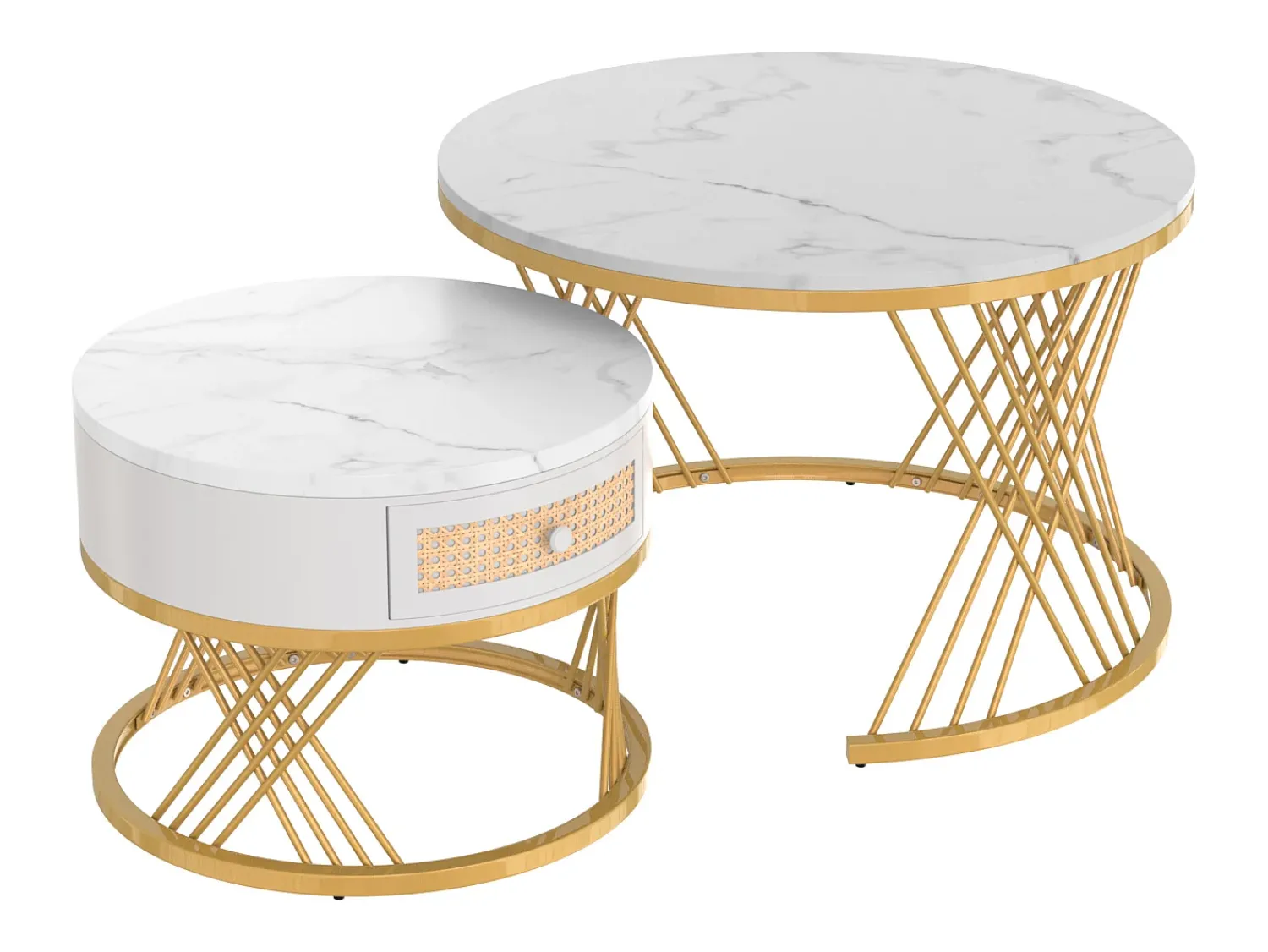 Mesa De Centro*Hauss Spole Conjunto de 2 mesas de centro redondas encaixáveis em folheado de mármore com gaveta e prateleira inferior, estrutura de metal dourado Branco