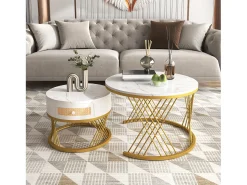 Mesa De Centro*Hauss Spole Conjunto de 2 mesas de centro redondas encaixáveis em folheado de mármore com gaveta e prateleira inferior, estrutura de metal dourado Branco