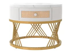 Mesa De Centro*Hauss Spole Conjunto de 2 mesas de centro redondas encaixáveis em folheado de mármore com gaveta e prateleira inferior, estrutura de metal dourado Branco