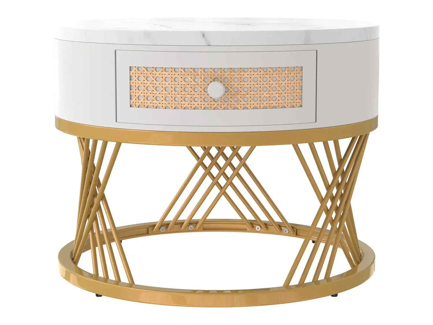Mesa De Centro*Hauss Spole Conjunto de 2 mesas de centro redondas encaixáveis em folheado de mármore com gaveta e prateleira inferior, estrutura de metal dourado Branco