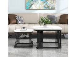 Mesa De Centro*Merax Conjunto de 2 mesas de centro encaixáveis com prateleira - mesa lateral com folheado de mármore - pernas de metal - e preto Branco