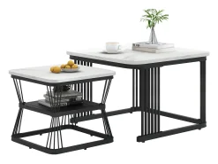 Mesa De Centro*Merax Conjunto de 2 mesas de centro encaixáveis com prateleira - mesa lateral com folheado de mármore - pernas de metal - e preto Branco