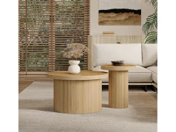 Mesa De Centro|Hauss Spole Conjunto de 2 mesas de centro redondas encaixáveis ​​66x66x40/40x40x46cm, MDF, superfície folheada a madeira natural clara Natural claro