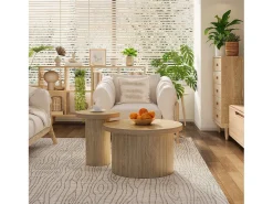 Mesa De Centro|Hauss Spole Conjunto de 2 mesas de centro redondas encaixáveis ​​66x66x40/40x40x46cm, MDF, superfície folheada a madeira natural clara Natural claro