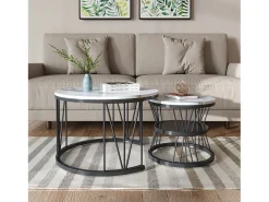 Conjunto de 2 mesas de centro redondas de mármore - folheado moderno, mesa lateral para sala de estar e escritório, preto^ Mesa De Centro