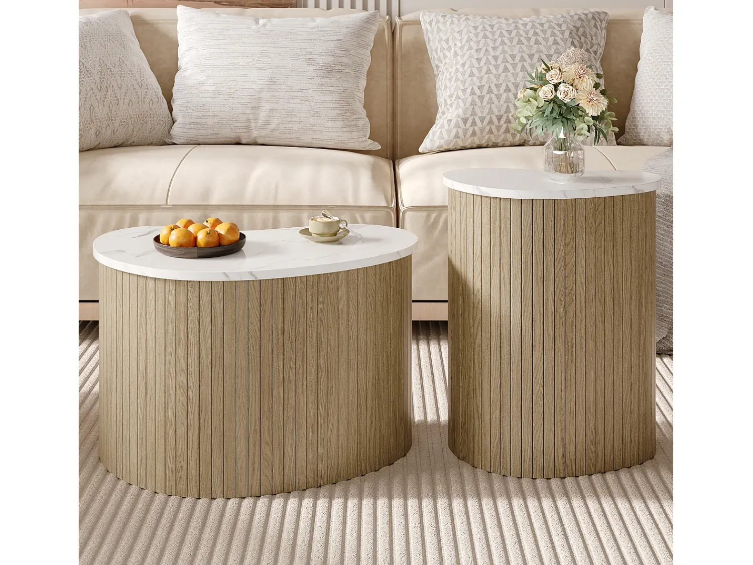 Mesa De Centro*ModernLuxe Conjunto de 2 mesas de centro modernas - textura de mármore - aspecto de madeira - Design irregular - MDF - Natural Natural claro