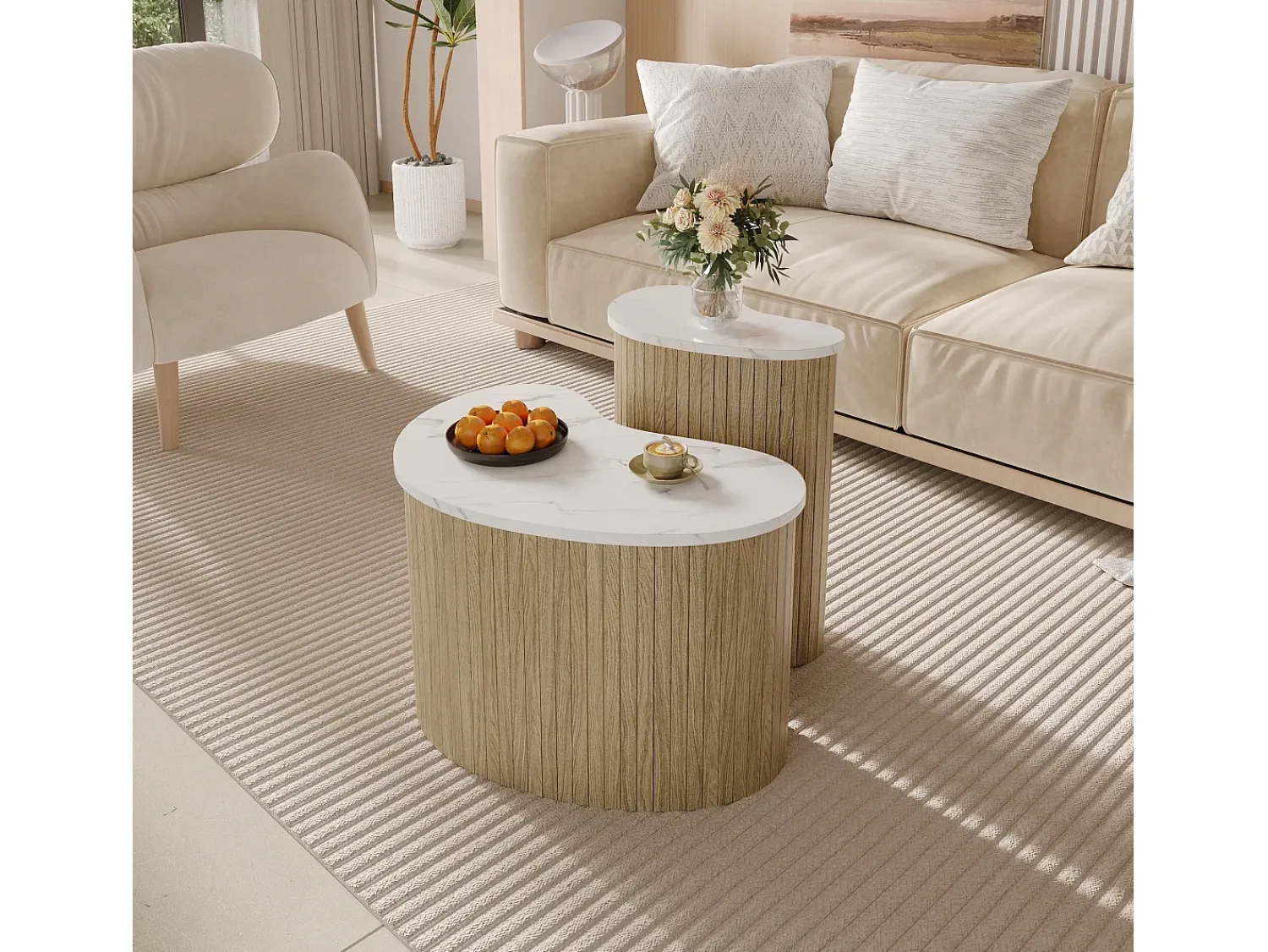Mesa De Centro*ModernLuxe Conjunto de 2 mesas de centro modernas - textura de mármore - aspecto de madeira - Design irregular - MDF - Natural Natural claro