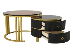 ModernLuxe Conjunto de 2 mesas de centro encastráveis ​​com 2 gavetas - Tampo em vidro temperado castanho - Preto^ Mesa De Centro