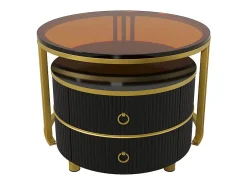 ModernLuxe Conjunto de 2 mesas de centro encastráveis ​​com 2 gavetas - Tampo em vidro temperado castanho - Preto^ Mesa De Centro
