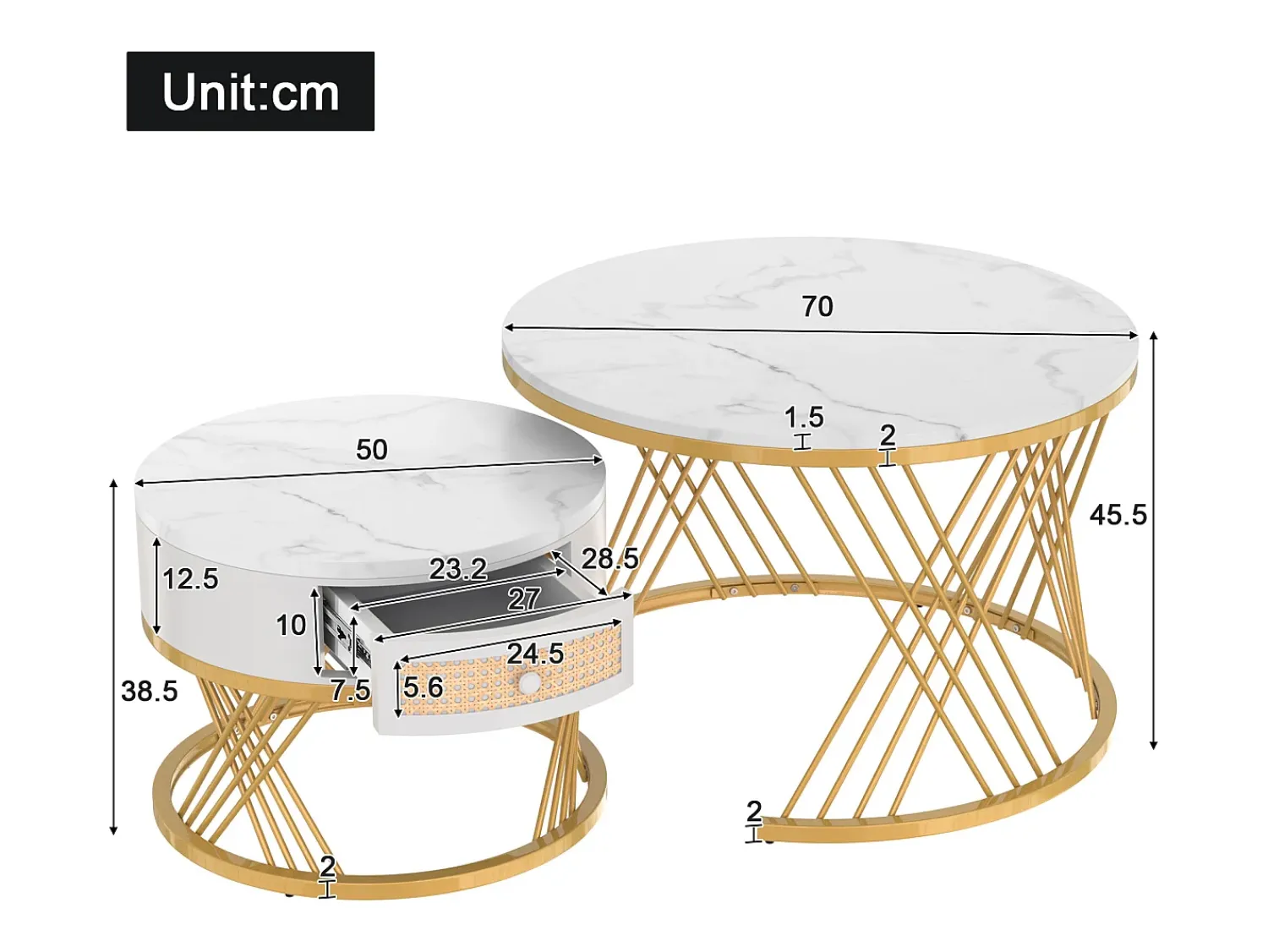 Mesa De Centro*ModernLuxe Conjunto de 2 mesas de centro encaixáveis - tampo efeito mármore - Branco