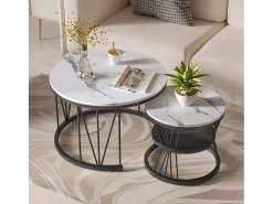 New Conjunto de 2 mesas de centro redondas com efeito mármore e estrutura metálica - Mesas laterais para sala de estar, pretas Preto