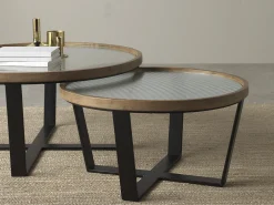Mesa De Centro* Conjunto de 2 mesas de centro redondas com vidro Castanho
