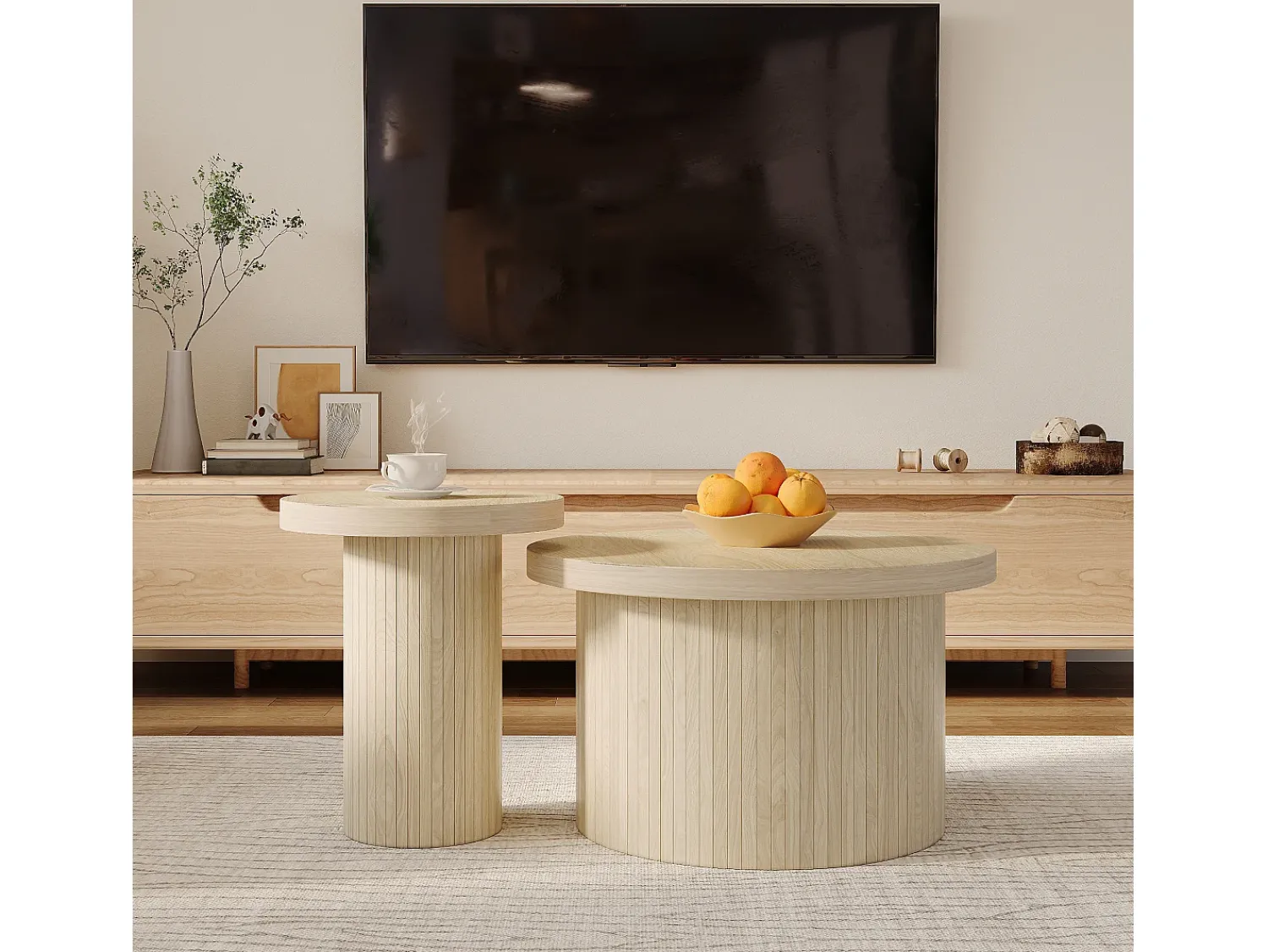 Online Merax Conjunto de 2 mesas de centro encaixáveis, mesa lateral - D 66 x A 40 cm + D 40 x A 46 cm - MDF - Natural Natural claro