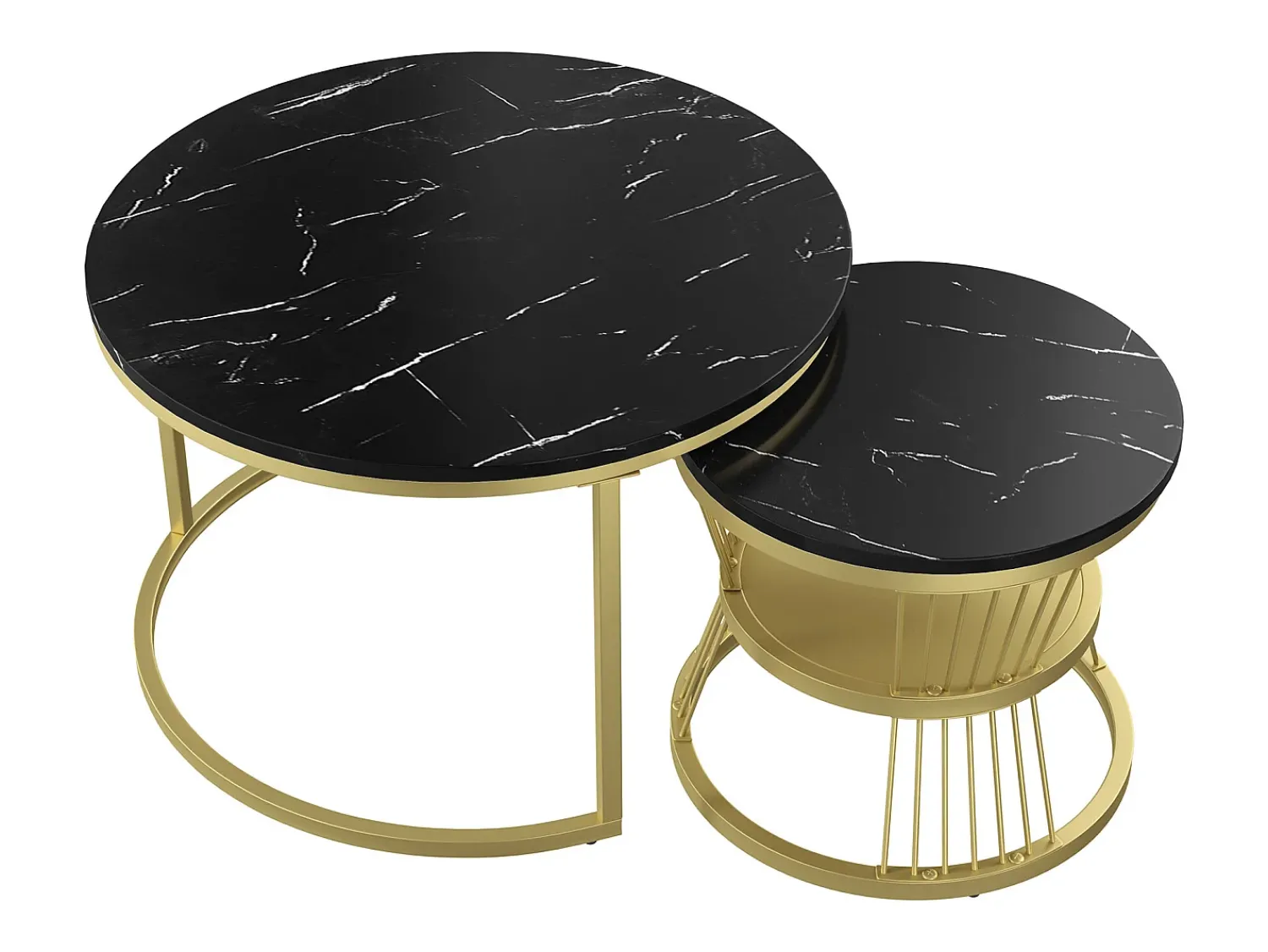 Mesa De Centro| Conjunto de 2 mesas de centro redondas modernas - mármore e metal, mesa lateral elegante para sala de estar, escritório e varanda Preto