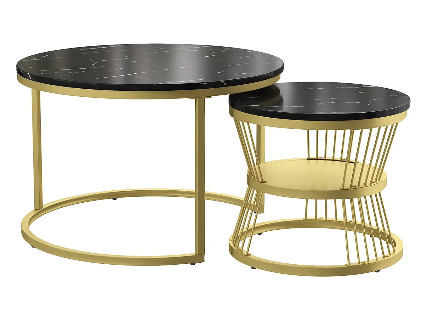 New Conjunto de 2 mesas de centro redondas empilháveis com espaço de armazenamento, estrutura metálica, 70/45 cm, pretas Preto