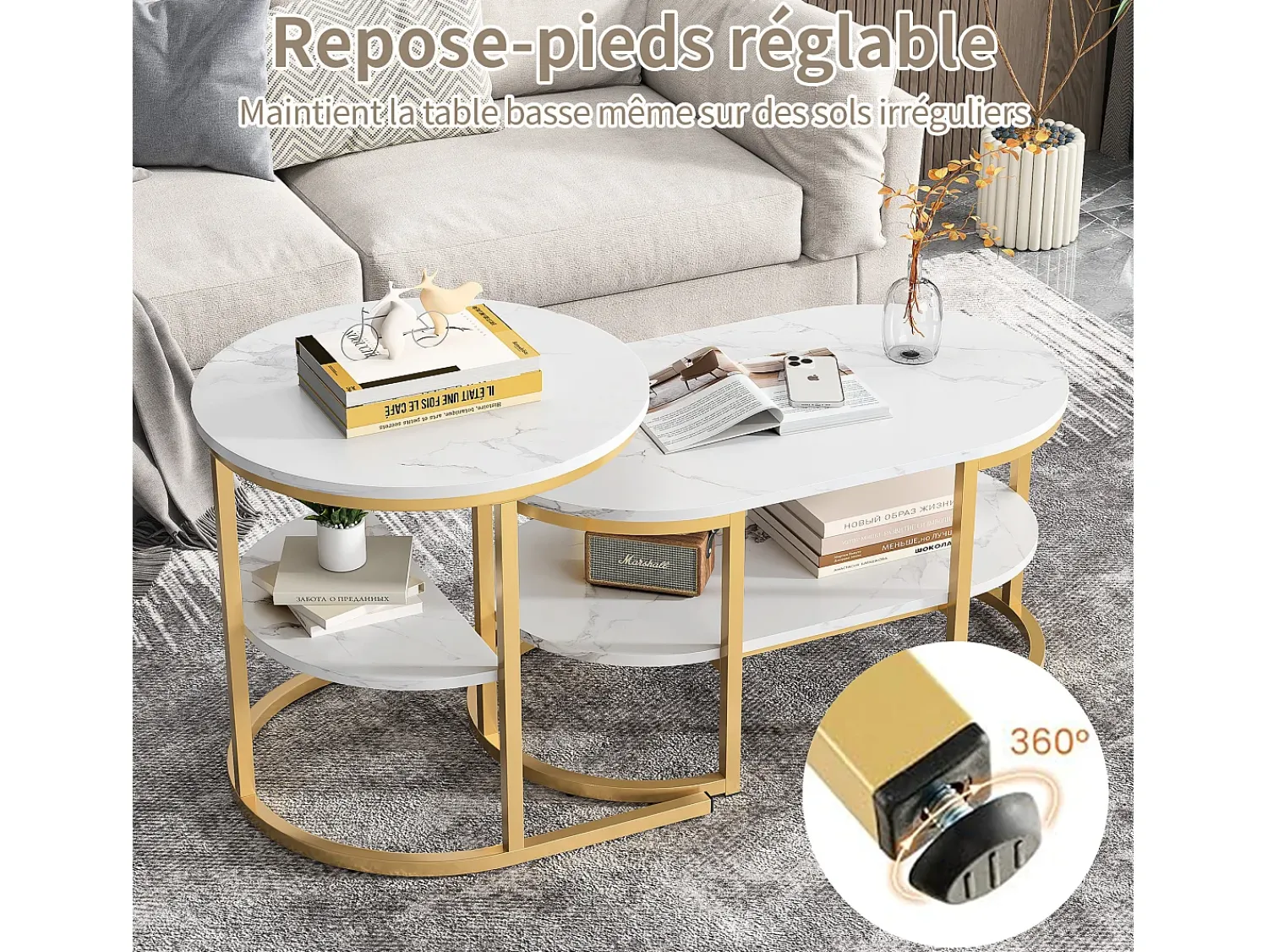Clearance Conjunto de 2 mesas de centro escandinavas - oval, estampa de mármore, prateleiras de armazenamento, estrutura de metal dourado Branco