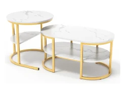 Clearance Conjunto de 2 mesas de centro escandinavas - oval, estampa de mármore, prateleiras de armazenamento, estrutura de metal dourado Branco