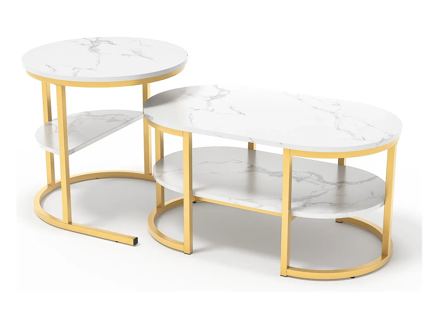 Clearance Conjunto de 2 mesas de centro escandinavas - oval, estampa de mármore, prateleiras de armazenamento, estrutura de metal dourado Branco