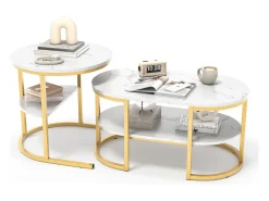 Clearance Conjunto de 2 mesas de centro escandinavas - oval, estampa de mármore, prateleiras de armazenamento, estrutura de metal dourado Branco