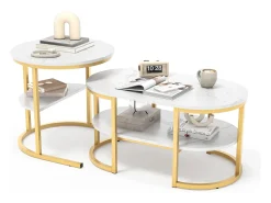 Clearance Conjunto de 2 mesas de centro escandinavas - oval, estampa de mármore, prateleiras de armazenamento, estrutura de metal dourado Branco