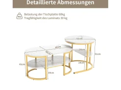 Clearance Conjunto de 2 mesas de centro escandinavas - oval, estampa de mármore, prateleiras de armazenamento, estrutura de metal dourado Branco