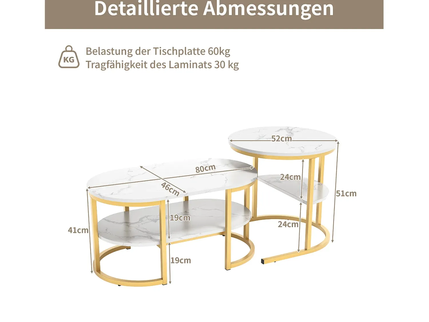 Clearance Conjunto de 2 mesas de centro escandinavas - oval, estampa de mármore, prateleiras de armazenamento, estrutura de metal dourado Branco