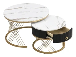 Mesa De Centro* Conjunto de 2 mesas de centro encaixáveis, elegantes e empilháveis, mesa de apoio com decoração efeito mármore dourado com gaveta, 70x70x45cm+50x50x40cm, Branco