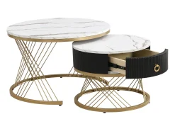 Mesa De Centro* Conjunto de 2 mesas de centro encaixáveis, elegantes e empilháveis, mesa de apoio com decoração efeito mármore dourado com gaveta, 70x70x45cm+50x50x40cm, Branco
