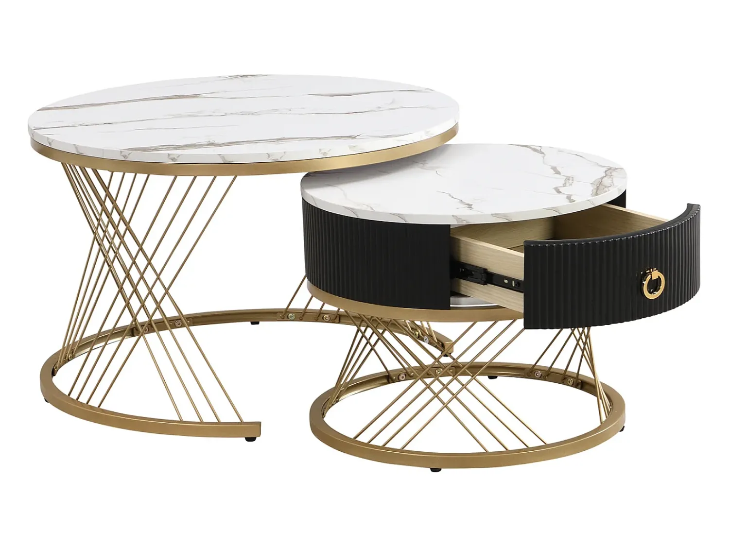 Mesa De Centro* Conjunto de 2 mesas de centro encaixáveis, elegantes e empilháveis, mesa de apoio com decoração efeito mármore dourado com gaveta, 70x70x45cm+50x50x40cm, Branco
